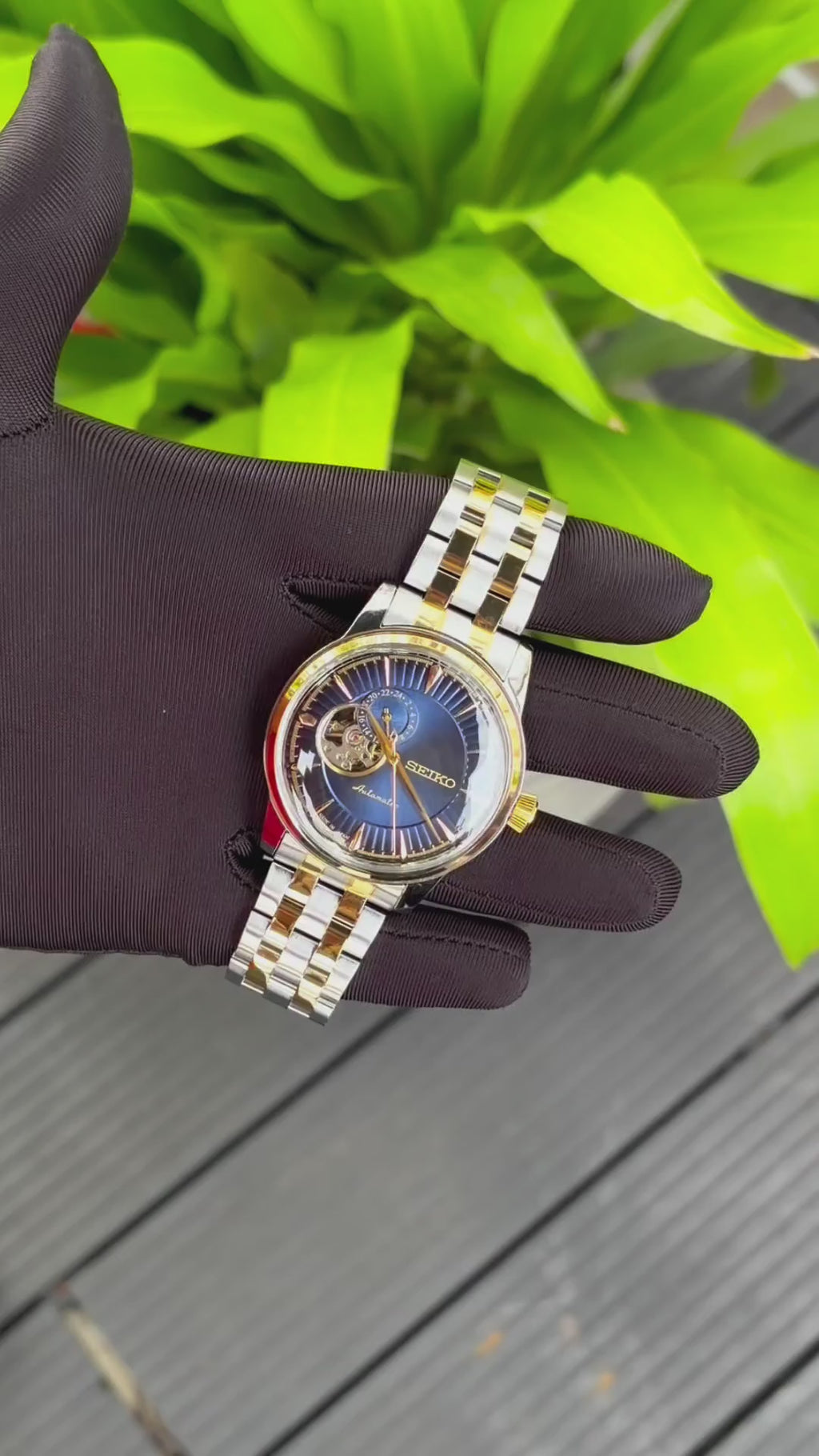 SEIKO PRESAGE COCKTAIL TIME OPEN HEART AUTOMATIC 2 TON GOLD BLUE