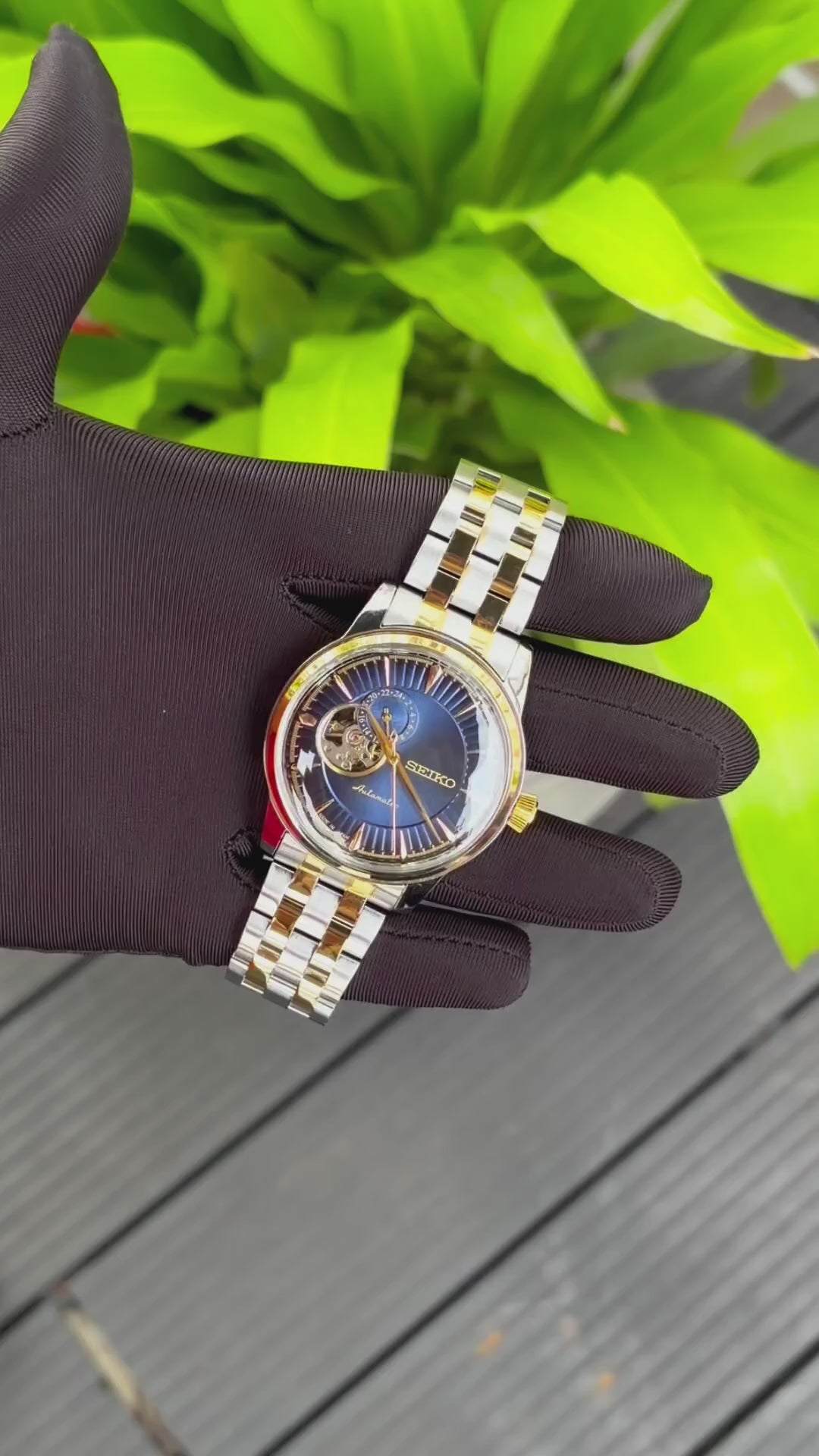 SEIKO PRESAGE COCKTAIL TIME OPEN HEART AUTOMATIC 2 TON GOLD BLUE