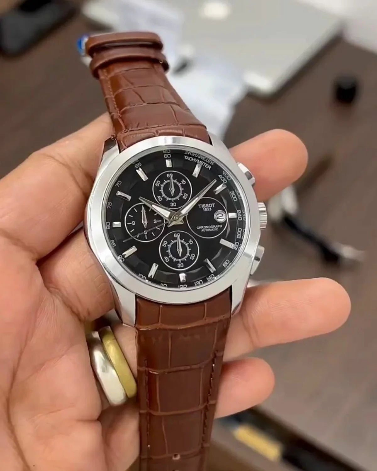 TISSOT 1853 CHRONOGRAPH LEATHER BELT (BROWN BLACK)